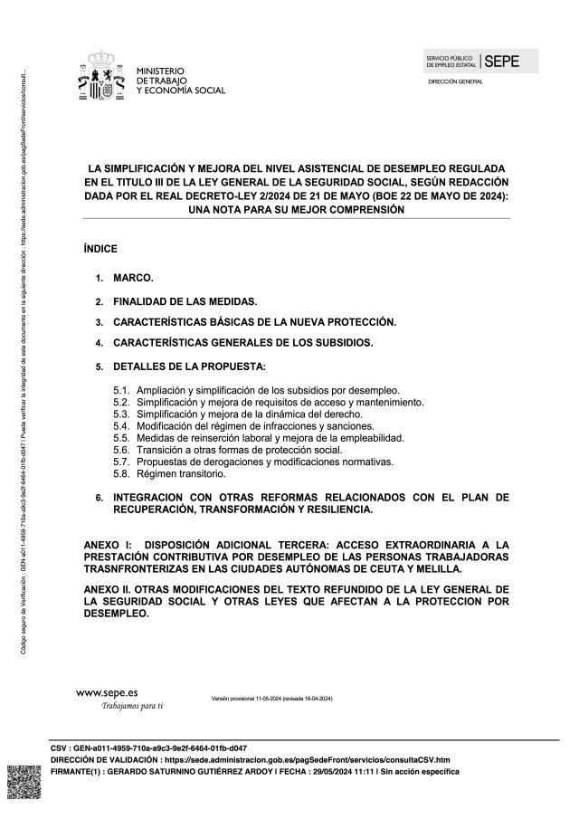 RESUMEN ELABORADO POR EL MINISTERIO DE TRABAJO Y ECONOMÍA SOCIAL (SEPE) SOBRE SUBSIDIO DE DESEMPLEO