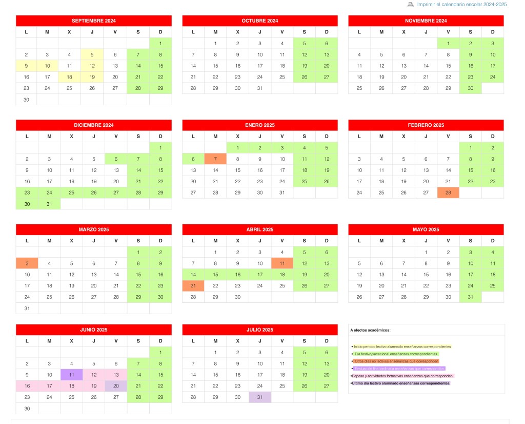 Calendario escolar 24-25 Comunidad de Madrid